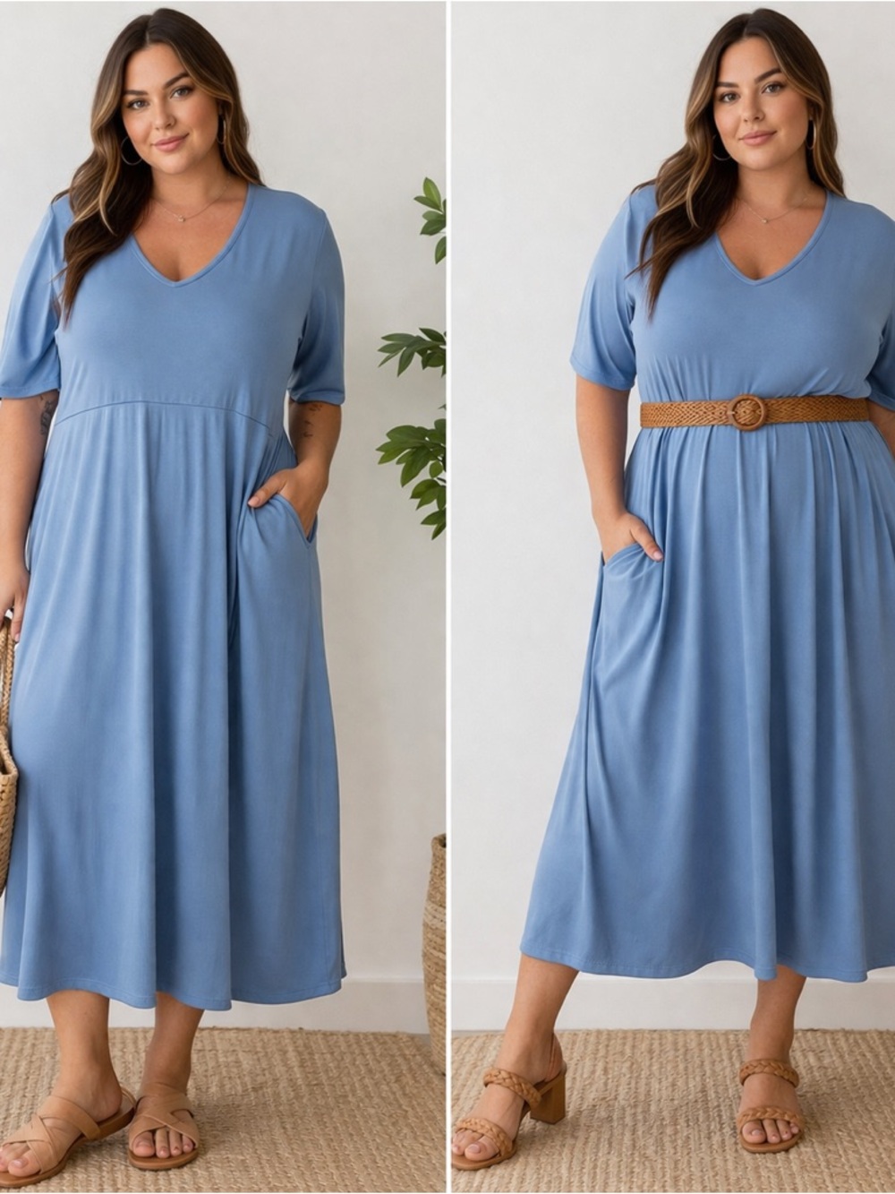 Acting Pro Soft Blue V-Neck Midi Dress with Pockets